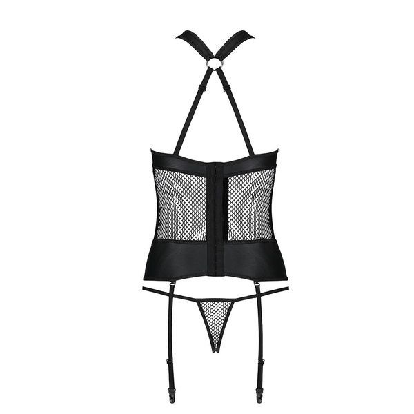 Сітчастий комплект корсет з халтером, зйомні підв'язки та трусики Amanda Corset black L/XL - Passion SO5318