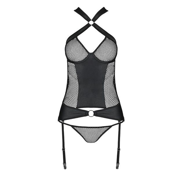 Сітчастий комплект корсет з халтером, зйомні підв'язки та трусики Amanda Corset black L/XL - Passion SO5318