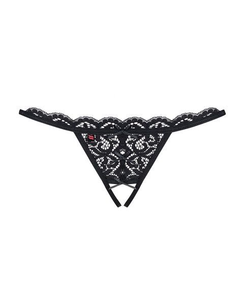 Кружевные танга с двумя отверстиями Obsessive 831-THC-1 crotchless thong S/M, черные, бантики SO7175 фото