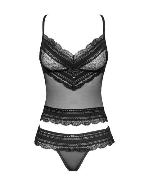 Напівпрозорий набір з прикрасами Obsessive Ivannes top & thong L/XL, чорний, топ та танга SO7284