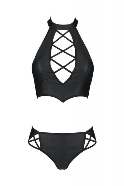 Комплект з екошкіри Passion Nancy Bikini 4XL/5XL black, бра та трусики з імітацією шнурівки SO7102